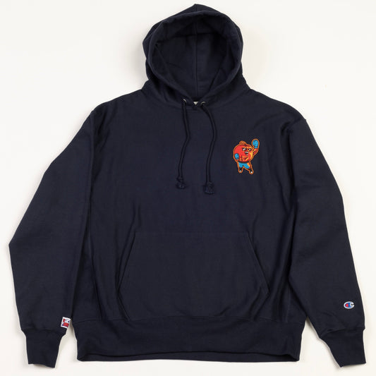 Front of the Big Blue Apple navy hoodie, which features Buck Foston's apple character.