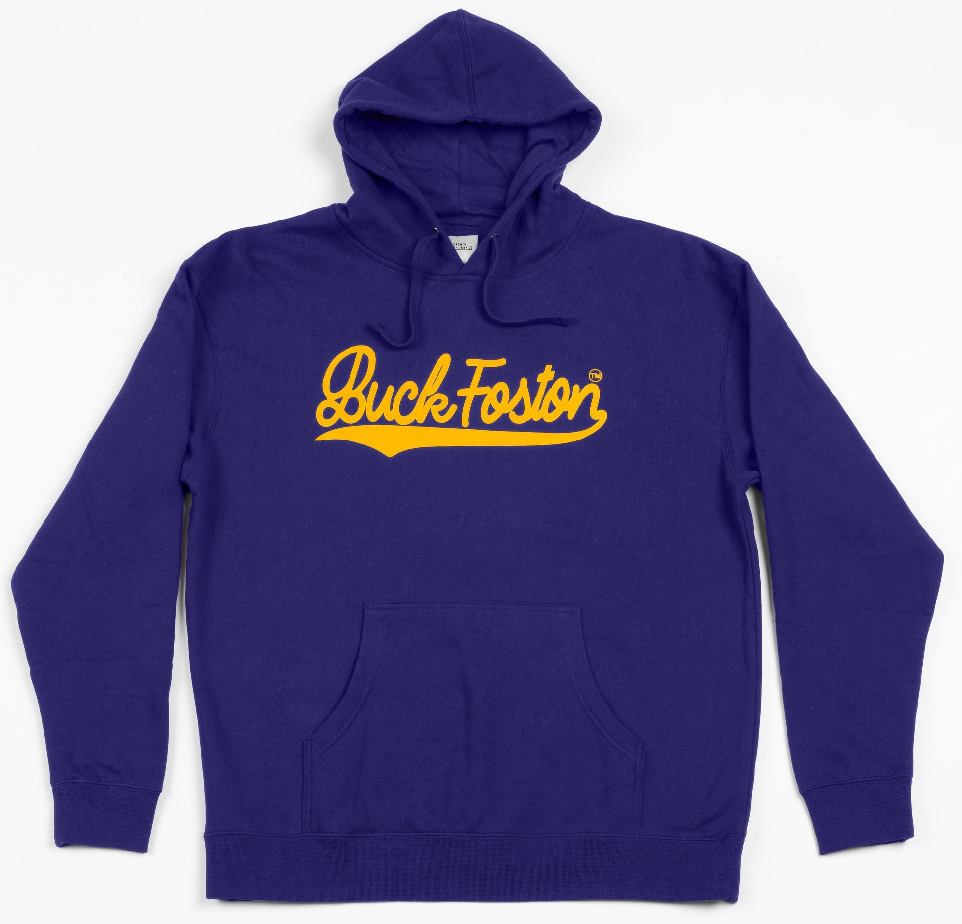 Purple hoodie with cursive Buck Foston  emblem in gold