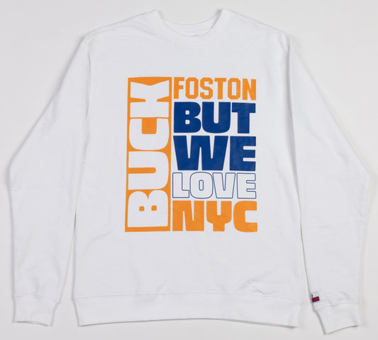 City Love - We Love NYC white sweatshirt with orange and navy lettering.